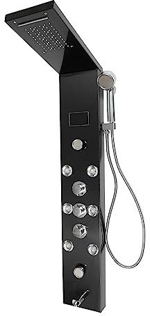 LED Shower Panel Tower System, Hydroelectricity Display Rain Massage Full Body Shower System with Jets, Bathroom 6-Function Shower Tower with LED Rainfall Waterfall Shower Head, Black