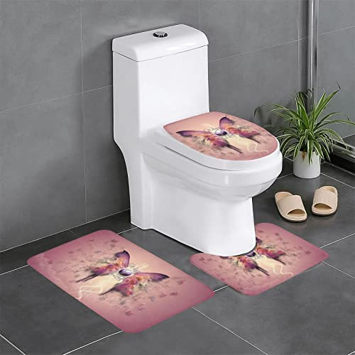 ROOZEE Rosa Orange Schmetterling Flanell rutschfeste Badezimmermatten-Sets 3-teilig - Dekoratives Badematten-Set, Badezimmerteppich + U-förmige Kontur-WC-Vorleger + O-förmiger Toilettensitzbezug