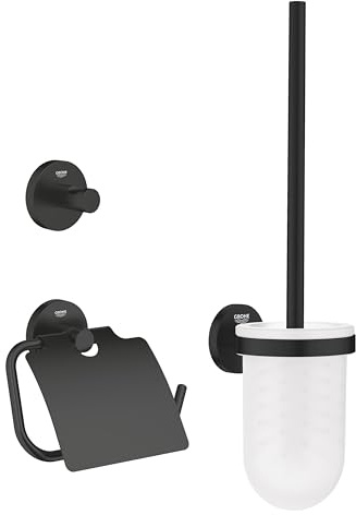 GROHE Start Set d'Accessoires 3-in-1 (Patère Murale, Dérouleur Papier Mural et Porte-Balai WC), A Coller avec GROHE QuickGlue ou à Visser, Noir Mat, 412042430