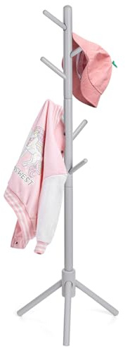 Cozivolife Kid's Coat Rack Stand Beech Wood Coats Tree, Height Adjustable Freestanding Child Clothes Racks with 9 Hooks for Cloth, Hats and Handbags, Hallway, Entryway,Bedroom, Easy Assembly (Grey)