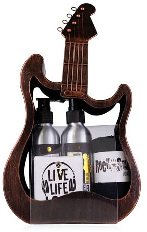 Accentra presentförpackning i Metall-GITARRE, inkl. duschgel, bodylotion, tvål och liten handduk - Ovanlig presentförpackning för speciella tillfällen som mors dag, fars dag, födelsedag eller påsk