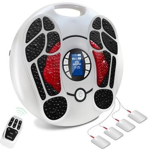 EMS Fußmassagegerät, Elektrisches Fussmassagegerät mit 25 Modi und 99 Intensitäten, Foot Massager Fördert Durchblutung und Lindert Muskelschmerzen, Massagegerät mit 4 Elektroden Pads und Fernbedienung