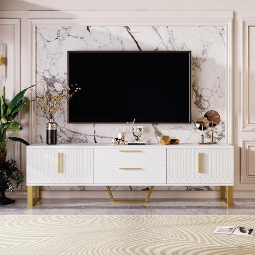 Merax Meuble TV brillant avec accents dorés et porte texturée gravée - Solution de rangement parfaite pour le salon alliant élégance, luxe et fonctionnalité - Blanc