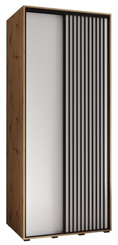 MEBLE KRYSPOL Lanko 1 Schrank mit Zwei Schiebetüren mit Stange, Regale - Moderner Aufbewahrungsschrank für Schlafzimmer, Wohnzimmer - 235,2x120x60 cm - Artisan Weiß Schwarz