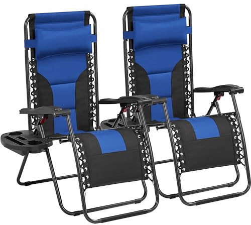 Yaheetech Zero Gravity Sunlounger, Outdoor Multi Position Soft Padded Chairs, Foldable Patio Recliner w/Carry Strap, Cup Holder, Pillow for Backyard Deck Camping Set of 2, 65cm/73cm