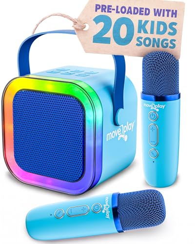 Move2Play, Mini Karaoke Machine for Kids | Includes 20+ Kids Songs | 2 Microphones | Connect with Bluetooth | Birthday Gift | Ages 2, 3, 4, 5+ Year Old | Girls, Boys, & Toddler (Electric Blue)