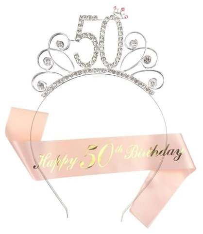 KOQAIIZ Echarpe Femme Anniversaire 50 Ans, Couronne Or, Tiare Rose, Cadeau Femme, Décorations Fête Anniversaire