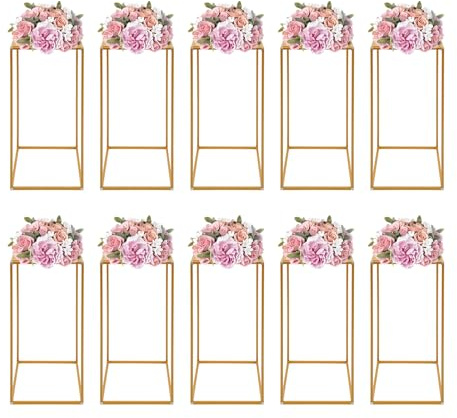 CCAUUB Pack of 10 Gold Flower Floor Stand, Geometric Metal Flower Stand, Metal Vase Column Flower Stand, Flower Arrangement Display Rack for Wedding Party Dinner Centrepiece (30 x 30 x 60 cm)