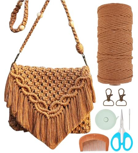 INFUNLY DIY Makramee Tasche Set für Erwachsene und Anfänger mit Video und Anleitung,Handgewebte Taschen mit Quasten,Makramee Tasche im Boho-Stil