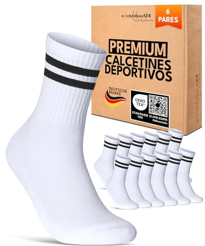 sockenkauf24 Damen Tennissocken (6 Paar) Sportsocken mit verstärkter Ferse & Fußspitze, gepolsterte Sohle Baumwolle Atmungsaktive Retro Crew Socken