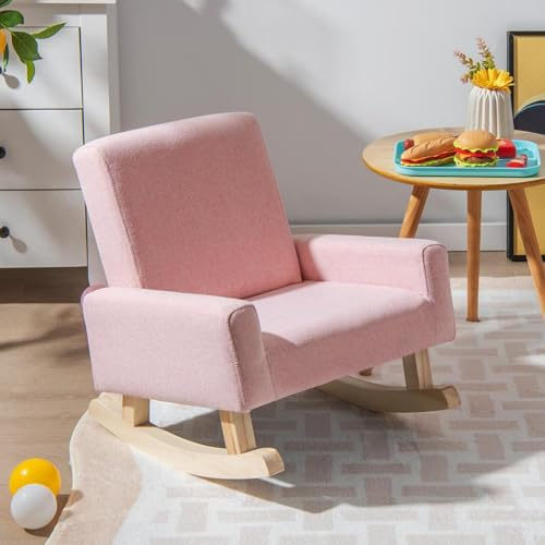 GLACER Silla mecedora de tela para niños pequeños con marco de madera maciza y alfombrilla antideslizante, diseño antiinclinación, cómodo sofá para interiores para sala de estar, sala de juegos,