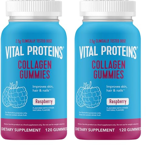 Vital Proteins Collagen Gummies, 2.5g of Clinically-Tested Collagen for Hair, Skin, Nails & Wrinkles, 120 ct Bottle, Pack of 2, Raspberry Flavor