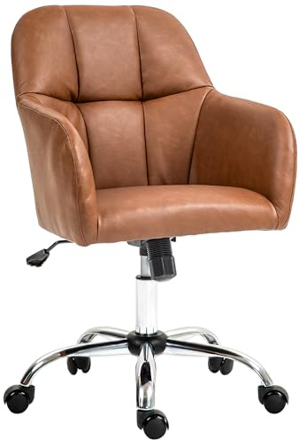 HOMCOM Bürostuhl, Bürostuhl, Schminkstuhl, Rollstuhl, höhenverstellbar und Wippfunktion, Drehstuhl aus synthetischem Bezug für Büro, Schlafzimmer oder Wohnzimmer, Braun