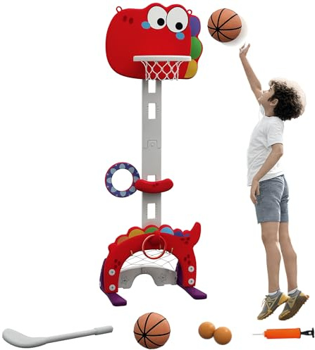 AIYAPLAY Panier de Basket-Ball pour Enfants, Hauteur réglable, 5 en 1 Multifonctions Lancer de balles, Golf, Football et Jeu de Lasso, 3-6 Ans, Rouge