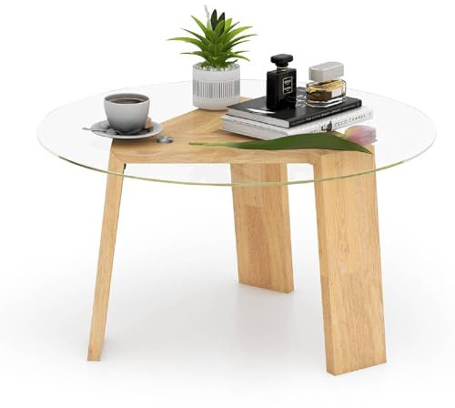 Table basse ronde moderne avec plateau en verre trempé et pieds en bois d'hévéa Design compact pour salon, chambre à coucher et bureau