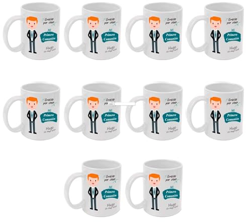 Adri. 10 Tazas personalizadas para comunión. Añade el nombre y la fecha. Regalo Original. Capacidad 350 ml (10 unidades, Diseño dibujo niño)
