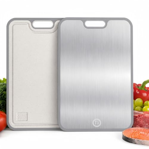 CHDEXU Titan-Schneidebrett für Küche, doppelseitiges Schneidebrett für Fleisch, Gemüse, Obst, 38,5 x 26,5 cm, großes Titan-Schneidebrett mit Griff, leicht zu reinigen