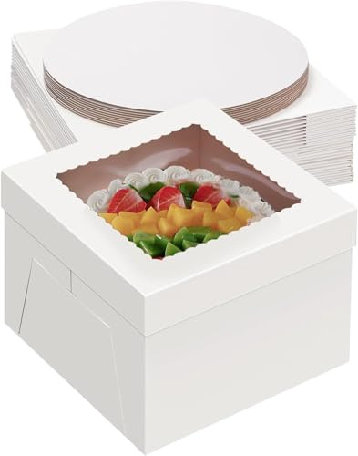 Defresit 16Pack 12x12x8inch Cake Boxes with Boards, 8Pcs Cake Boxes & 8Pcs Cake Boards, Sturdy White Packaging for Transporting & Displaying Cakes, Desserts, and Fathers day