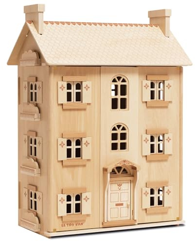 Maison de poupée en bois naturel FSC – 4 étages avec fenêtres et portes ouvertes – Jeu de rôle et de fantaisie pour enfants