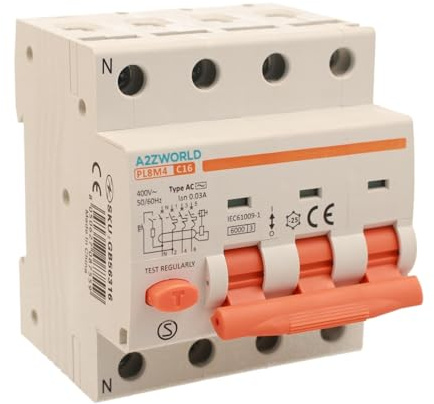 Interrupteur différentiel magnétothermique triphasé 380 V 16 A C16, RCBO Type AC Courbe C, 3P+N 6 kA 30 mA, 4 modules DIN, série PL8M4 professionnelle électromagnétique