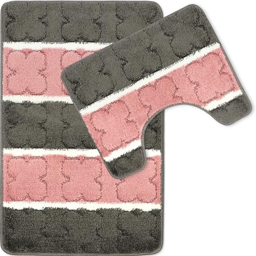 Decorator HOME Badteppich Set 2-TLG. Grau-Rosa – rutschfest & Weich, Badematte für Badezimmer Teppich 50x80 cm & 50x40 cm - Ideal für Fußbodenheizung