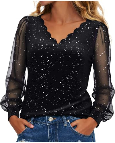 Glitzer Oberteile Damen Pailletten Festliche Blusen Elegant V Ausschnitt Sexy Silvester Outfit Pailletten Langarm Tunika Oberteil Modern Casual Shirt Karneval Kostüme Damen Langarmshirt