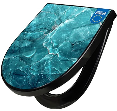 banjado WC Sitz mit Absenkautomatik D Form - Toilettendeckel mit Absenkautomatik D Form - Klodeckel Softclose - stabile Klobrille - Toilettensitz Schwarz - Motiv Türkiser Marmor