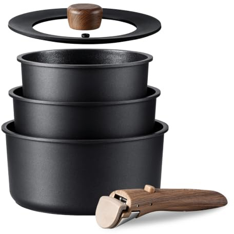 CAROTE 5-Piece Saucepan Set Nonstick with Detachable Handle(Black) | Saucepot with Lid,Easy to Clean, Oven/Dishwasher/Fridge Safe, Space Saving
