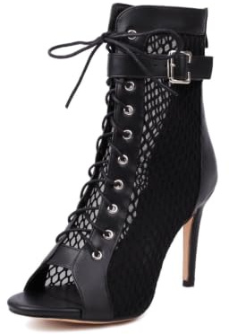 Genérico Zapatos Tacón Verano Malla Mujer Botines Punta Abierta Cordones Stiletto Alto Sandalias Correa Ajustable Hebilla Cremallera Trasera Moda