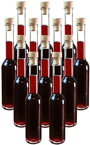gouveo 12er Set Glasflasche Volumen 200 ml (0,20 l) Glasflasche 200 ml Sinfonie mit Korken Holzgriffkorken, leere Likörflaschen zum Befüllen, Öl- & Essigflasche, Dekoflasche (SIF200HGK)