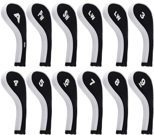 Andux 12pcs/Set Golf Iron Club Head Covers Long Neck | with Zipper Closure | Number Print | Coloured Piping | Right Hand | all the Same Size