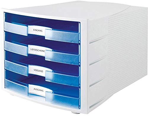 HAN Schubladenbox IMPULS in Lichtgrau/Transluzent-Blau / Stapelbare Sortierablage mit 4 großen, offenen Schubladen für DIN A4/C4 / inkl. Beschriftungsschilder