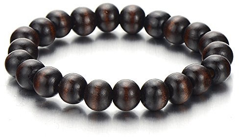 COOLSTEELANDBEYOND Dunkelbraun Herren Damen Holz-Armband, 10mm Tibetan Beads Buddhist Prayer Mala, Dark Brown