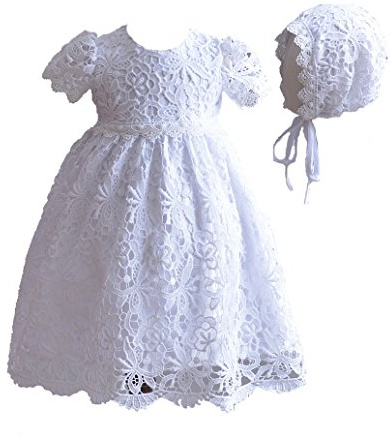Cinda Abito da Battesimo in Pizzo Baby con Cuffia Bianco 9-12 Mesi