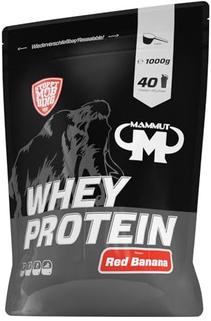 Mammut Nutrition Whey Protein Pulver Red Banana, 1 kg | Molkenproteinkonzentrat, mit BCAA-Anteil, klumpenfrei löslich, in Wasser oder Milch, Geschmack Red Banana