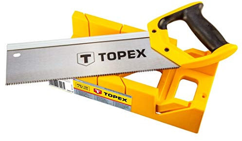 TOPEX Gehrungslade Gehrungsblock mit Handsägen Rückensäge 300 mm 9 TPI| Gehrungslade Kunststoff, zum Schneiden von Holzwinkeln, 45°/90° Schnittwinkel, Gehrungssäge mit Führung