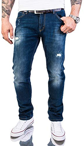Rock Creek Herren Jeans Hose Slim Fit Stretch Jeans Herrenjeans Herrenhose Denim Stonewashed Dunkelblau Raw Destroyed RC-2145 Darkoceanblue W33 L32