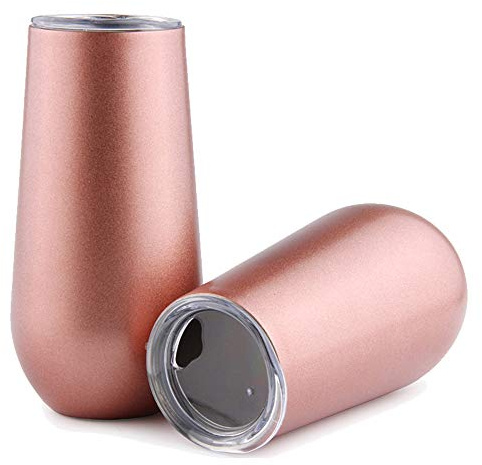 Sivaphe 6 Ounce Stemless Champagne Flutes with Lid, Small Stainless Steel Resuable Toaste Mug, Rosegold Insulated Champagne Tumbler 2 Pack