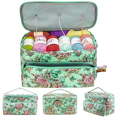 JOZEA Strickbeutel, Aufbewahrungstasche für Wolle, Tasche für Stricknadeln Häkelnadeln Projektzubehör, Aufbewahrungstasche mit Reißverschluss, grün