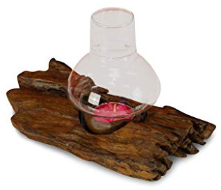 Wurzelholz Windlicht mit Glasballon – Teak Root Wood Teelichthalter – Handgefertigte Naturholz Deko in 2 Größen & Farben (Braun, Klein - 20x15x15 cm)