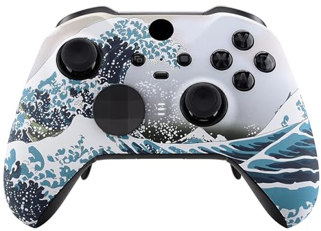 eXtremeRate The Great Wave Patterned Faceplate Cover, Soft Touch Front Housing Shell Case Replacement Kit for Xbox One Elite Series 2 Controller Model 1797 - Accent Rings Included