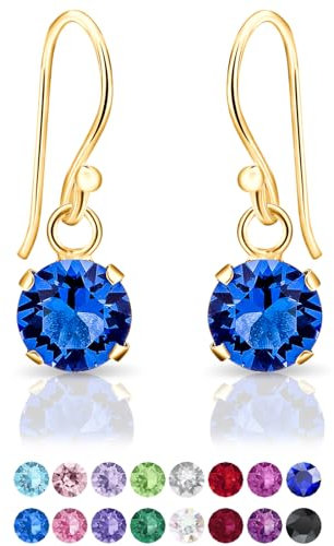 Pendientes Mujer Colgantes Plata de Ley 925 Chapados Oro 24K con Brillantes de Cristal Zafiro Azul 6 mm - Joyería Regalo Mujer Oro - Clásicos, Elegantes, Dorados y Hipoalergénicos