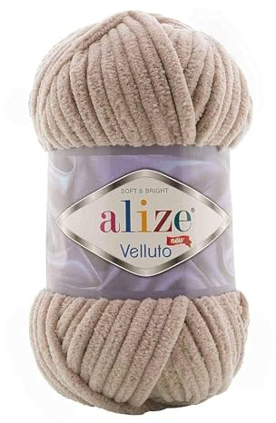 Alize 5 x 100 g Velluto Wolle 500 Gramm super Bulky Chenillegarn,Kuschelweich 100g, Kissen Babydecke etc (beige 530)