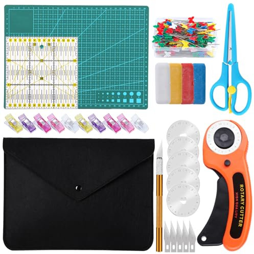 Namner Rollschneider Set, 93 Stücke Stoffschneider Set, inkl 5 45mm Ersatzklingen, Schneidematte, Schere, Stoffklammern, Patchwork-Lineal mehr als Nähzubehör