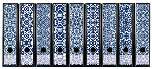 codiarts. Ordnerrücken selbstklebend | Etiketten Set für 9 breite Ordner | gestantzt mit Griffloch | Rückenschild breit | tradionelle Blaudruck Ornamente