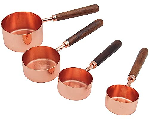 ANCLLO Juego de 4 unidades cucharas medidoras de cobre de acero inoxidable con mango de nuez, magnífico y resistente, pulido espejo para cocina, hornear, oro rosa(grande)