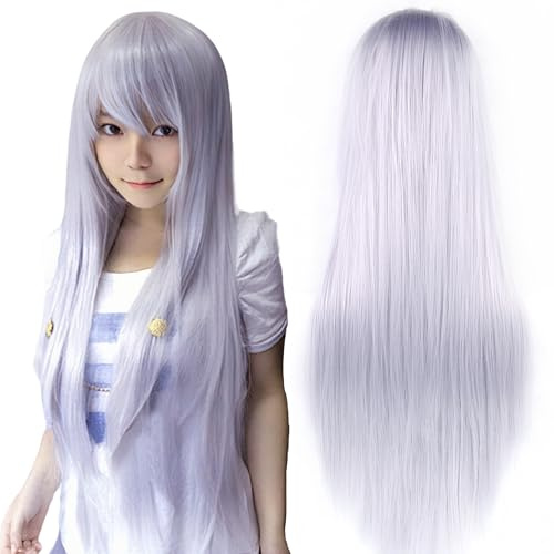 IMISSU 80 cm langes glattes Naturhaar Cosplay Perücken mit Pony Bunt Halloween Kostüm Party Perücke Haarverlängerungen (Silber Grau)