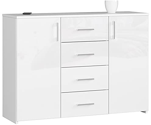 AKORD Kommode K45 mit 4 Schubladen und 2 Ablagefächern mit Türen | für das Wohnzimmer Schlafzimmer Schrank Büro Arbeitszimmer | B110 x H80 x T35 cm, Gewicht 43kg | Weiß/Weiß Glänzend