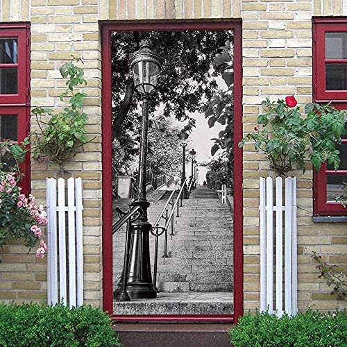 Türtapete Treppe Schwarz Und Weiß Straßenbeleuchtung Bäume Selbstklebend Türposter 3D Türaufkleber Fototapete 3D Effekt Türfolie Wandtattoo Wandbild 90X200Cm Diy Wohnzimmer Schlafzimmer Büro W