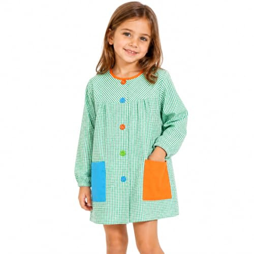 Etrexonline Malschürze mit Knöpfen für Kinderr 5-6 Jahre in der Schule, Bastelschürze mit 2 Taschen für Kinder, Schürze für Schule und Handwerk - Grün